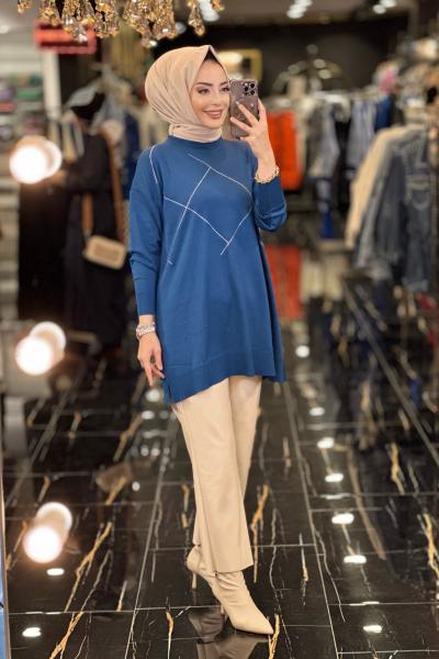 3057 Ön Baklava Taş Baskılı Triko Tunik Lacivert