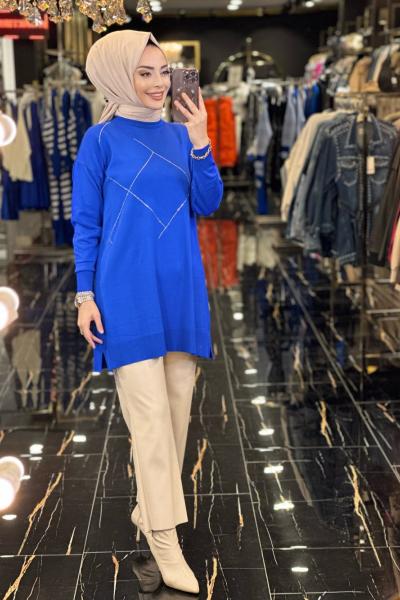 3057 Ön Baklava Taş Baskılı Triko Tunik Saks