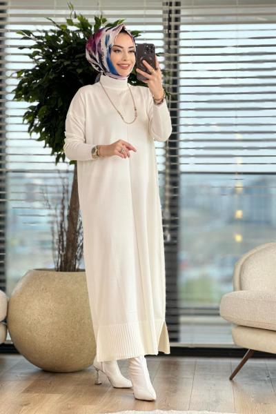 3060 Önü Boyuna Çizgi Detaylı Triko Elbise Ekru