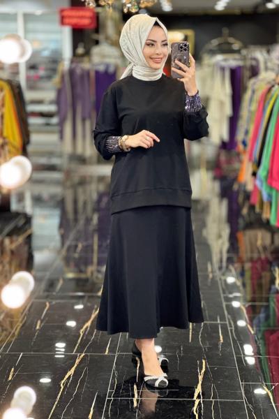 30600 Manşetleri Taş Baskı İki İplik Takım Siyah