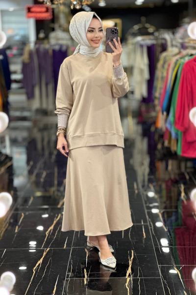 30600 Manşetleri Taş Baskı İki İplik Takım Bej