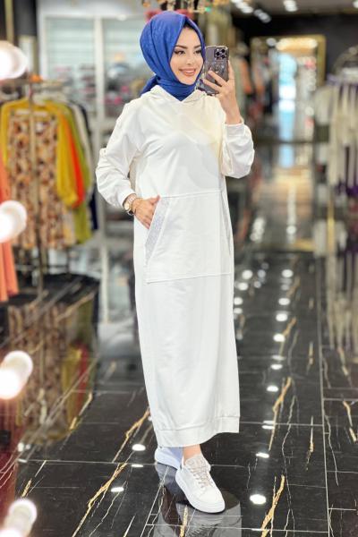 30601 İki İplik Cep Ve Kapşon Taş Detaylı Elbise Ekru