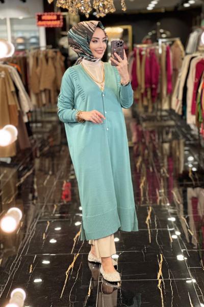 3061 Robası Kordon Nakışlı Uzun Hırka Çağla