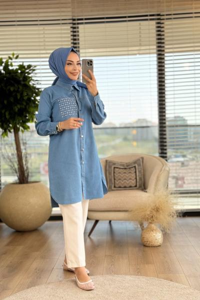 3061 Tencel Cebi Zımba Detaylı Tunik Mavi