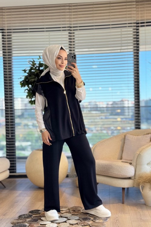 3063 Garni Detaylı Yelekli Takım Siyah