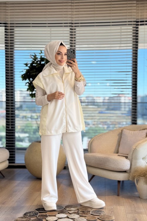 3063 Garni Detaylı Yelekli Takım Ekru