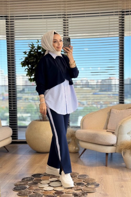 3064 Çizgi Garnili Pelerin Görünümlü Takım Lacivert