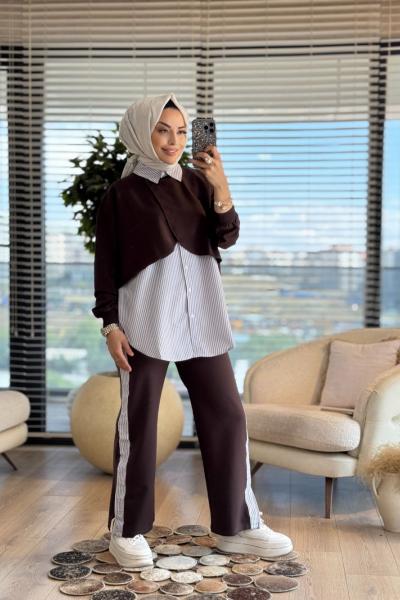 3064 Çizgi Garnili Pelerin Görünümlü Takım Kahve