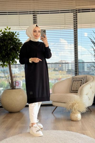 30645 Uzun Sıfır Yaka Tunik Siyah