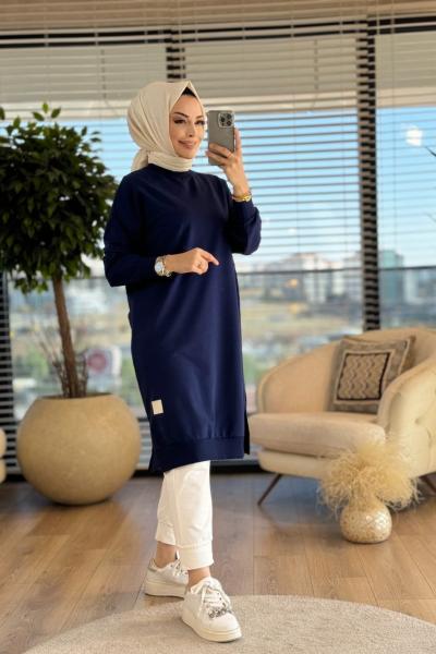 30645 Uzun Sıfır Yaka Tunik Lacivert
