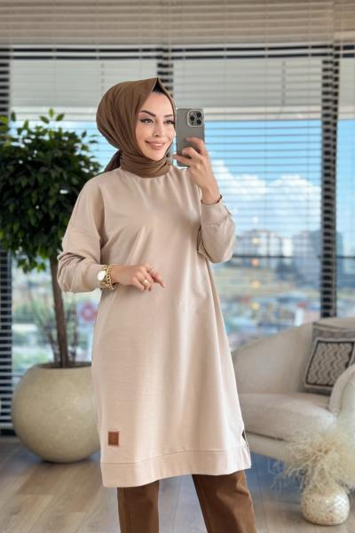 30645 Uzun Sıfır Yaka Tunik Bej