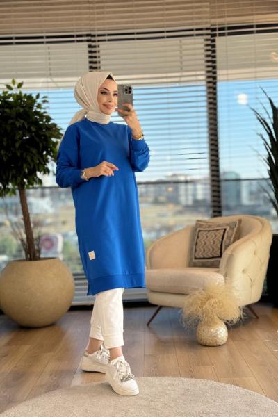 30645 Uzun Sıfır Yaka Tunik Saks