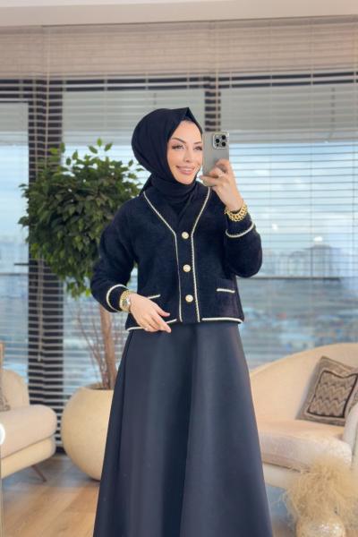 3070 Angora V Yaka İnci Düğmeli Hırka Siyah