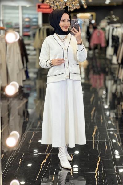 3070 Angora V Yaka İnci Düğmeli Hırka Ekru