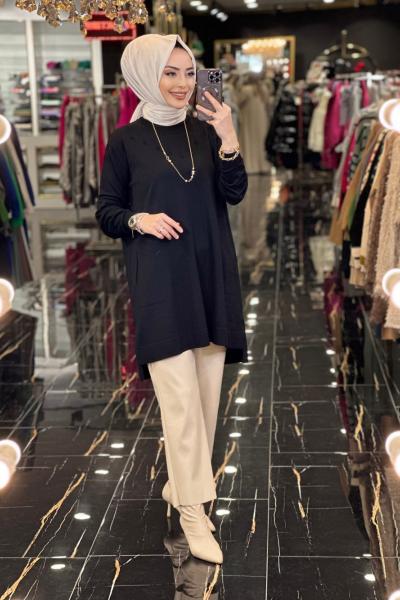 3071 Roba Kol Ucu Saçörgü Detaylı Triko Tunik Siyah