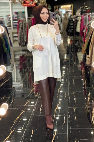 3071 Roba Kol Ucu Saçörgü Detaylı Triko Tunik Ekru