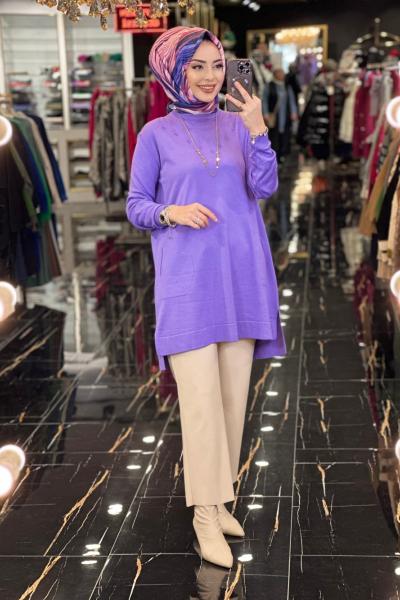 3071 Roba Kol Ucu Saçörgü Detaylı Triko Tunik Lila