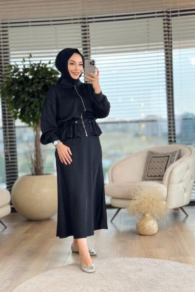 30725 Büzgülü Ceketli Etekli Takım Siyah