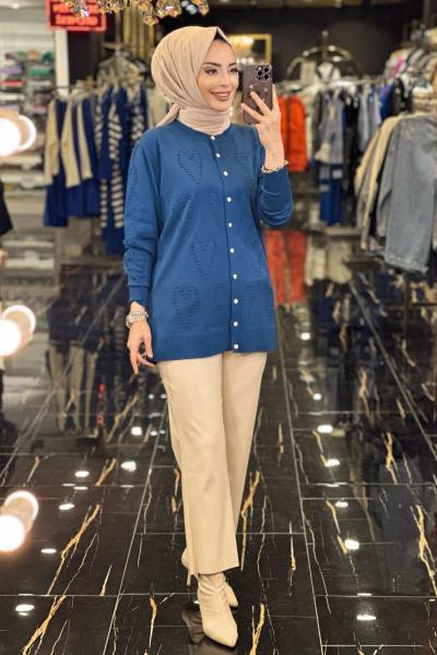 3073 Ön Kalp Kabartma Desen Hırka Lacivert