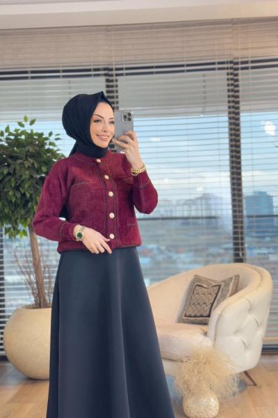 3074 Angora Sıfır Yaka İnci Düğmeli Ön Cepli Hırka Bordo