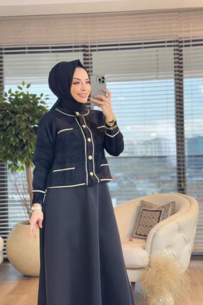 3074 Angora Sıfır Yaka İnci Düğmeli Ön Cepli Hırka Siyah