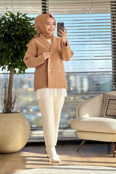 3076 Şal Yaka Dört Düğme Hırka Camel