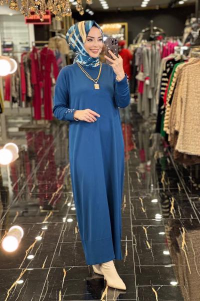 3077 Kollar Manşet Ve Düğmeli Triko Elbise Lacivert