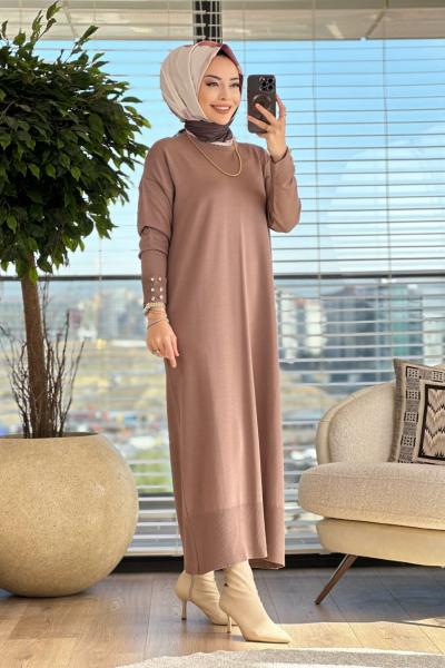 3077 Kollar Manşet Ve Düğmeli Triko Elbise Vizon