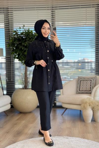 30771 Ön Taşlı Çıtçıtlı Takım Siyah