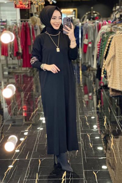 3078 Kollar Taş Ve Zebra Desen Detaylı Triko Elbise Siyah