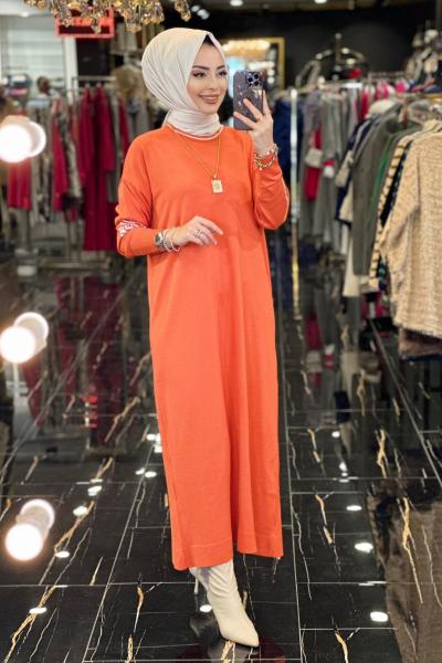 3078 Kollar Taş Ve Zebra Desen Detaylı Triko Elbise Oranj