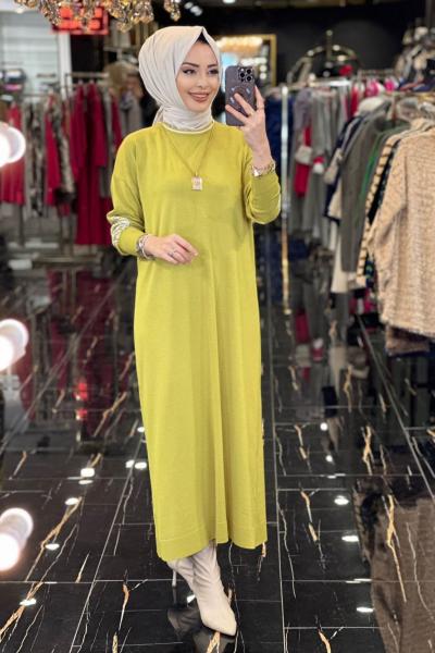 3078 Kollar Taş Ve Zebra Desen Detaylı Triko Elbise Yağ Yeşili