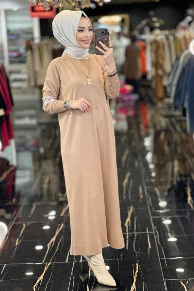 3078 Kollar Taş Ve Zebra Desen Detaylı Triko Elbise Latte