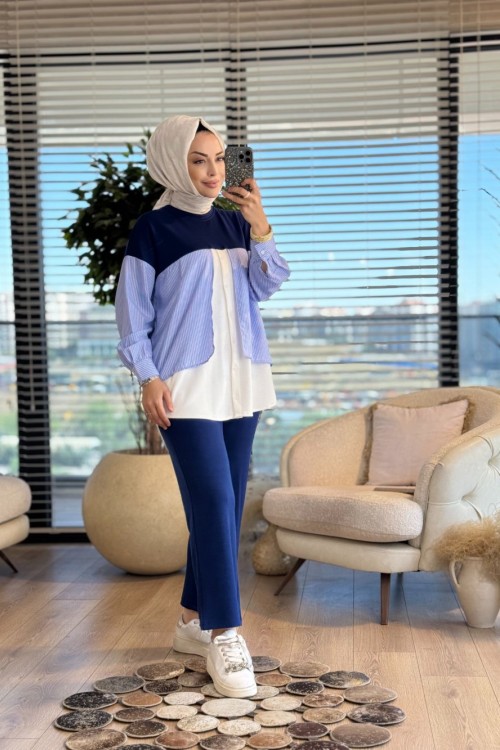 3079 Çift Garni Detaylı Takım Lacivert