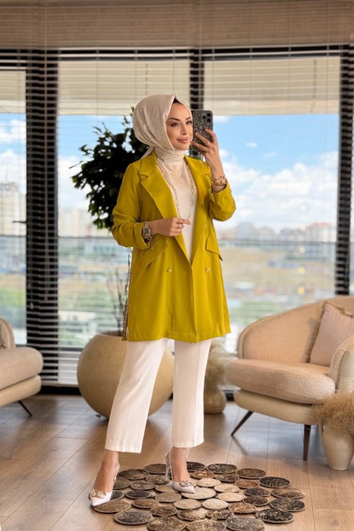 3079 Linda Düğmeli Ceket Yağ Yeşili