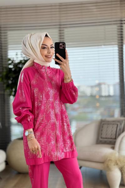 30805 Üstü Varak Baskı Fermuarlı Takım Fuşya