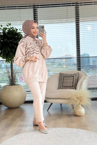 30826 Baskı Taş Detaylı Takım Bej