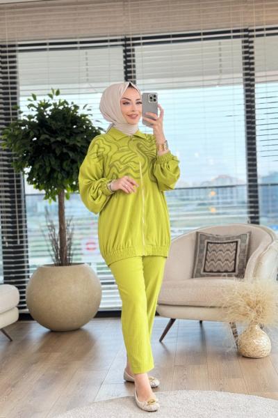 30826 Baskı Taş Detaylı Takım Yağ Yeşili