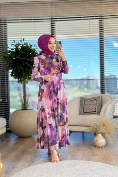 30838 Şifon Batik Desen Eteği Piliseli Elbise Fuşya