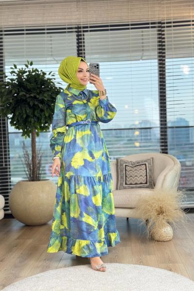 30852 Desenli Patı Düğmeli Kemerli Elbise Sarı