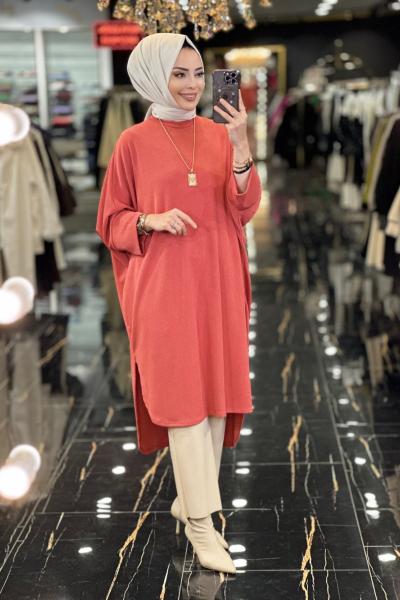 30857 Yanları Yırtmaçlı Örme Kumaş Tunik Kiremit