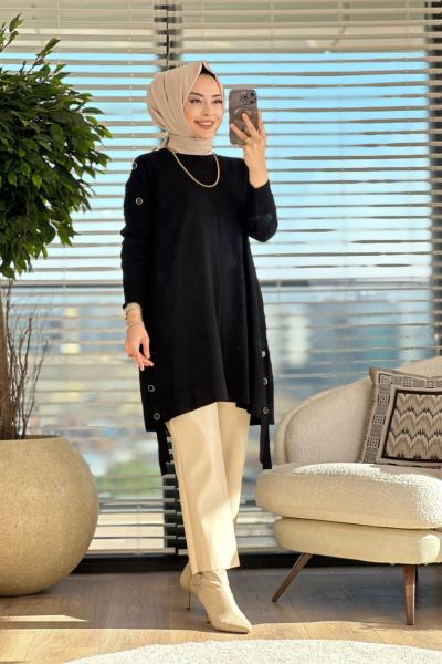 3088 Omuz Ve Etek Ucu Düğmeli Triko Tunik Siyah
