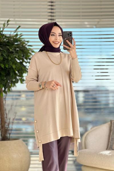 3088 Omuz Ve Etek Ucu Düğmeli Triko Tunik Bej