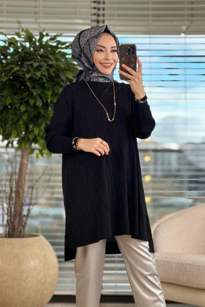 3091 Ön Kendinden Örümcek Desen Triko Tunik Siyah