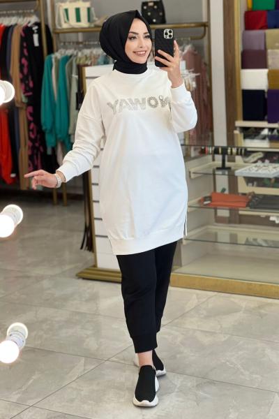 30942 Önü Noway Taş Baskılı Tunik Ekru