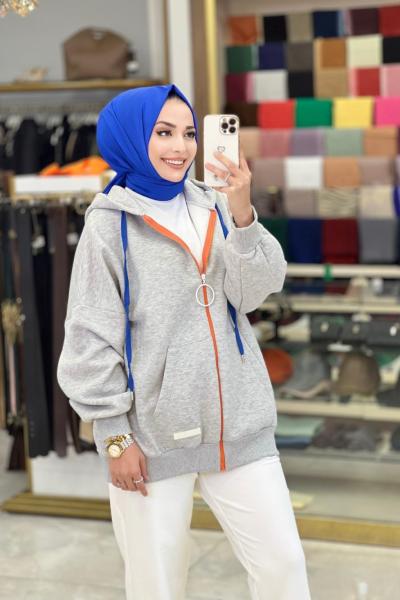 30975 Kapş.Önü Fermuarlı Üç İplik Cepli Hırka Gri