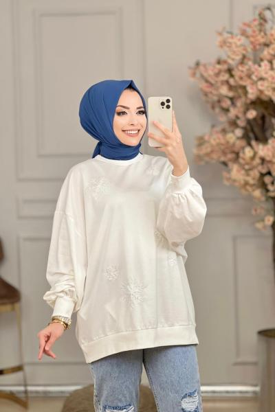 30977 Önü Kar Desen Nakışlı Tunik Ekru