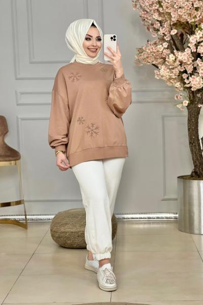 30977 Önü Kar Desen Nakışlı Tunik Vizon