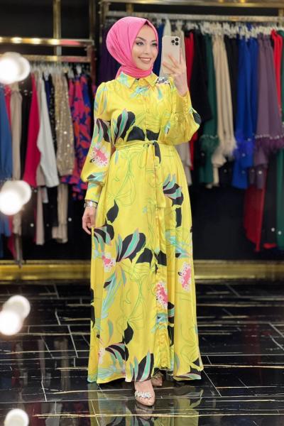 3100 Saten Desenli Önü Düğmeli Elbise Sarı