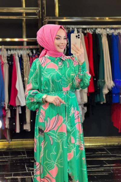 3100 Saten Desenli Önü Düğmeli Elbise Benetton